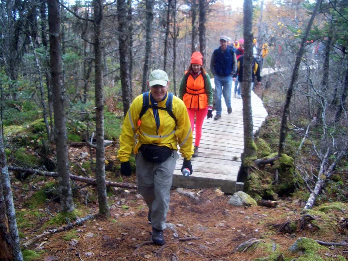 A hiker crossing a low timber boardwalk laid over open bog, with spruce and heath on either side.